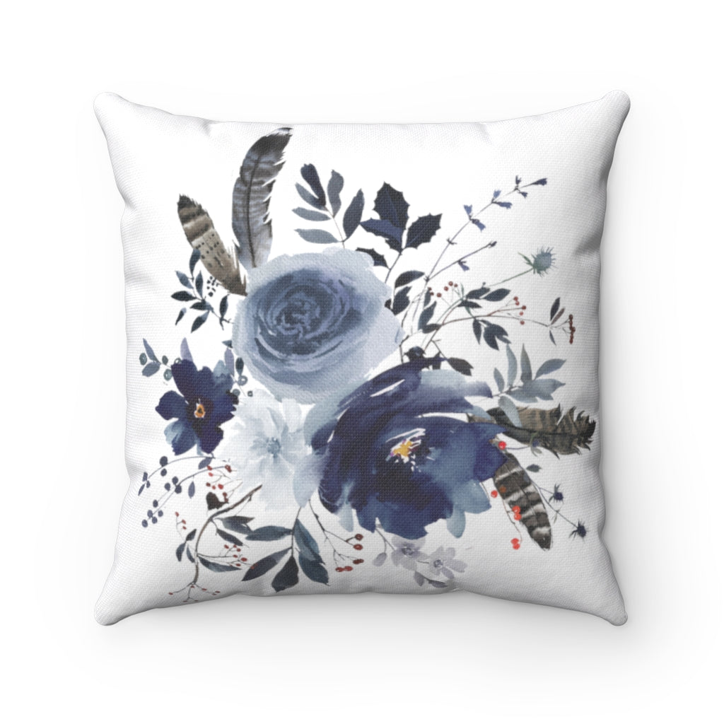 Floral Boho Pillow Cover | White Indigo Blue Roses Grey