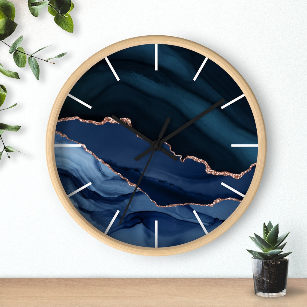 Marble Print, Navy Wood Wall Clock 10"