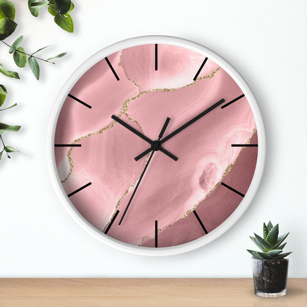 Marble Print, Wood, Wall Clock, Pink Gold 10"
