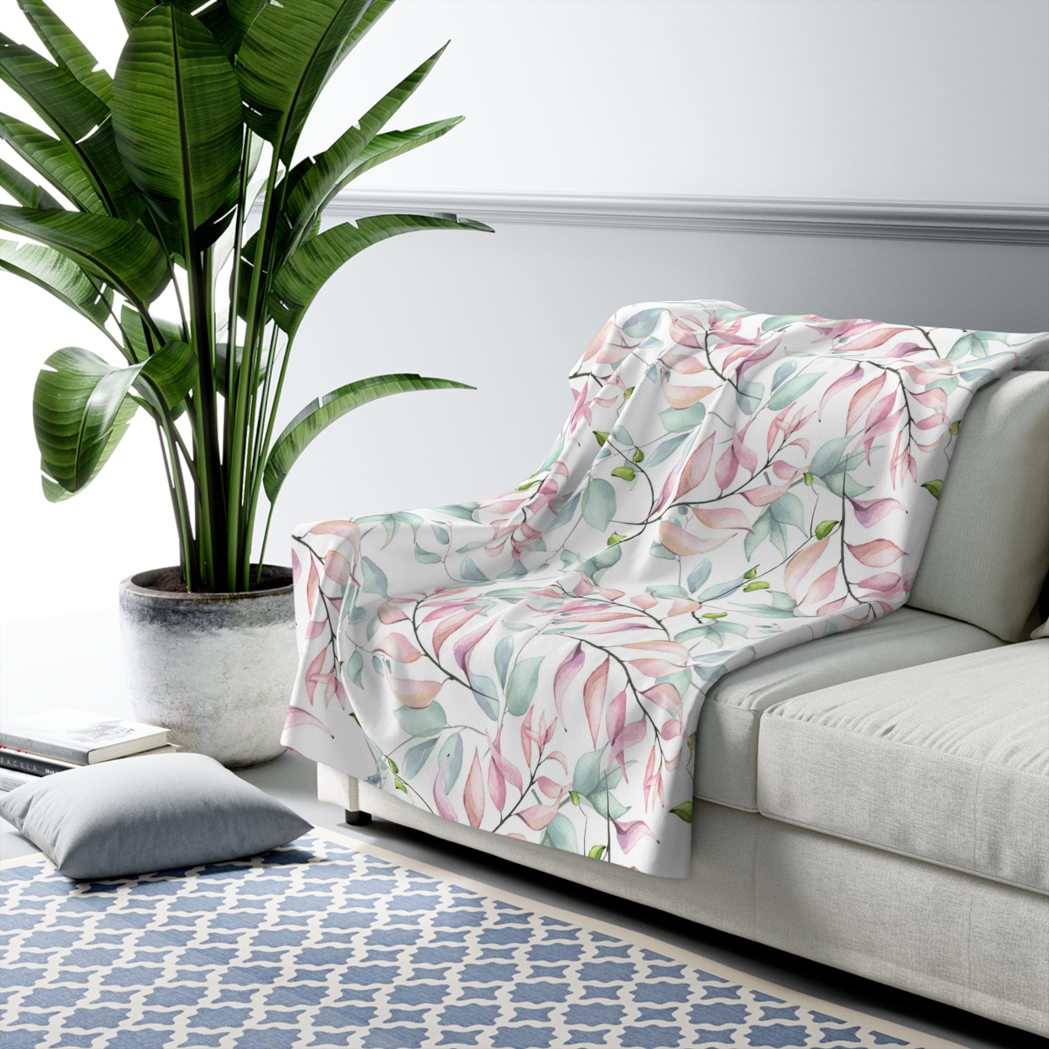 Floral Blanket | Pastel Pink Green White Leaves