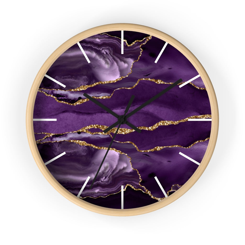 Marble Print, Wood, Wall Clock, Purple Gold 10"