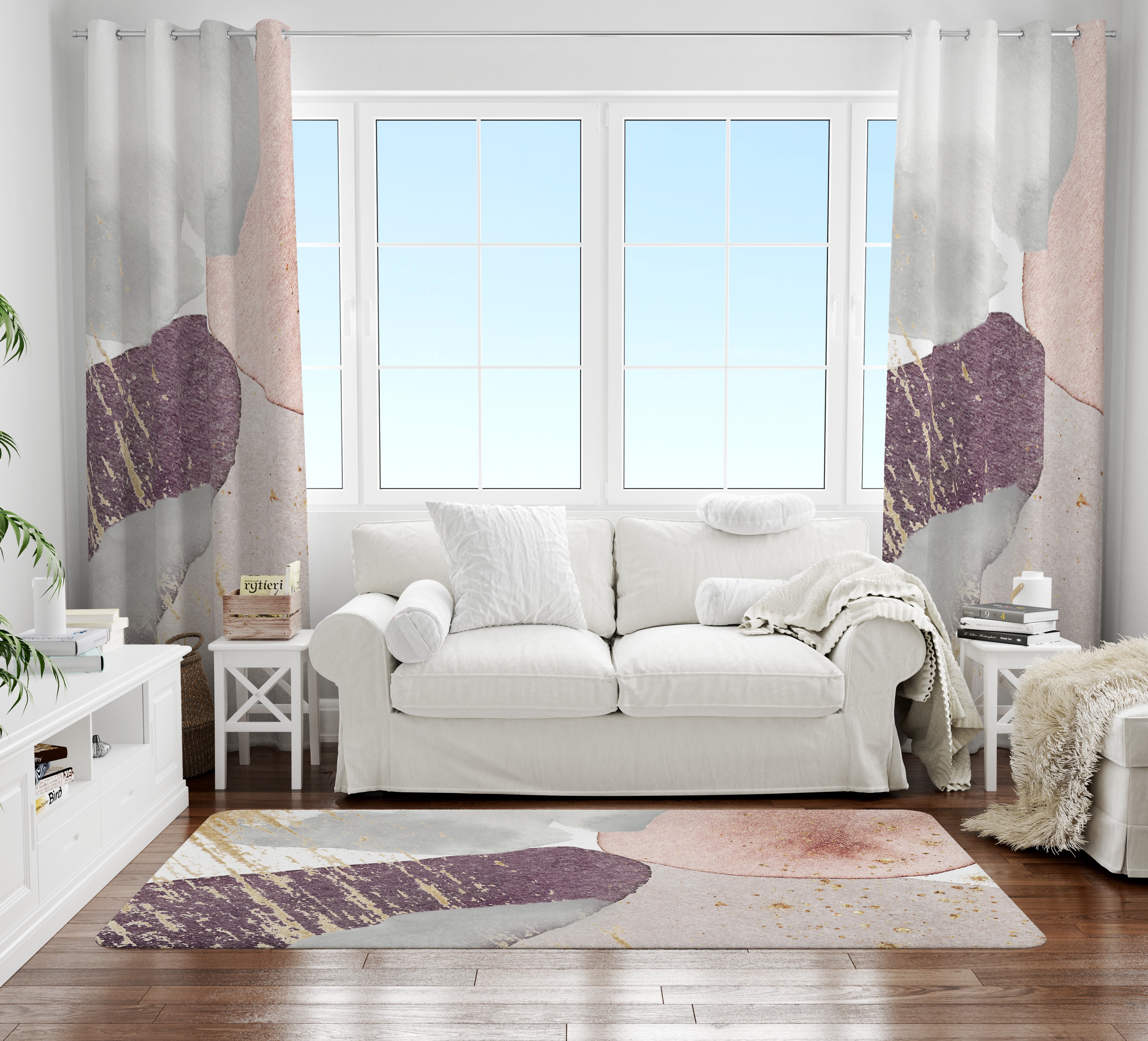 Abstract Area Rug | Purple Beige Pink Gray Gold