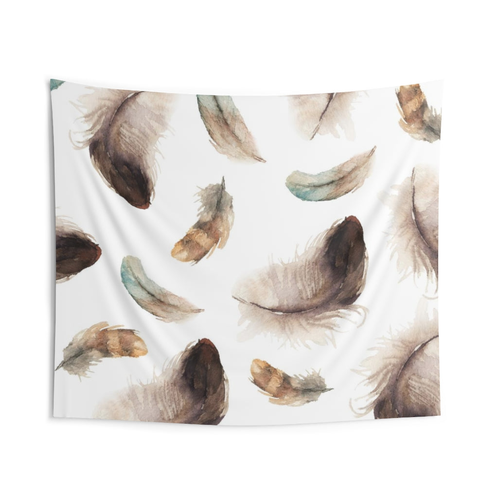 Bohemian Tapestry | Brown Teal Beige White Feathers