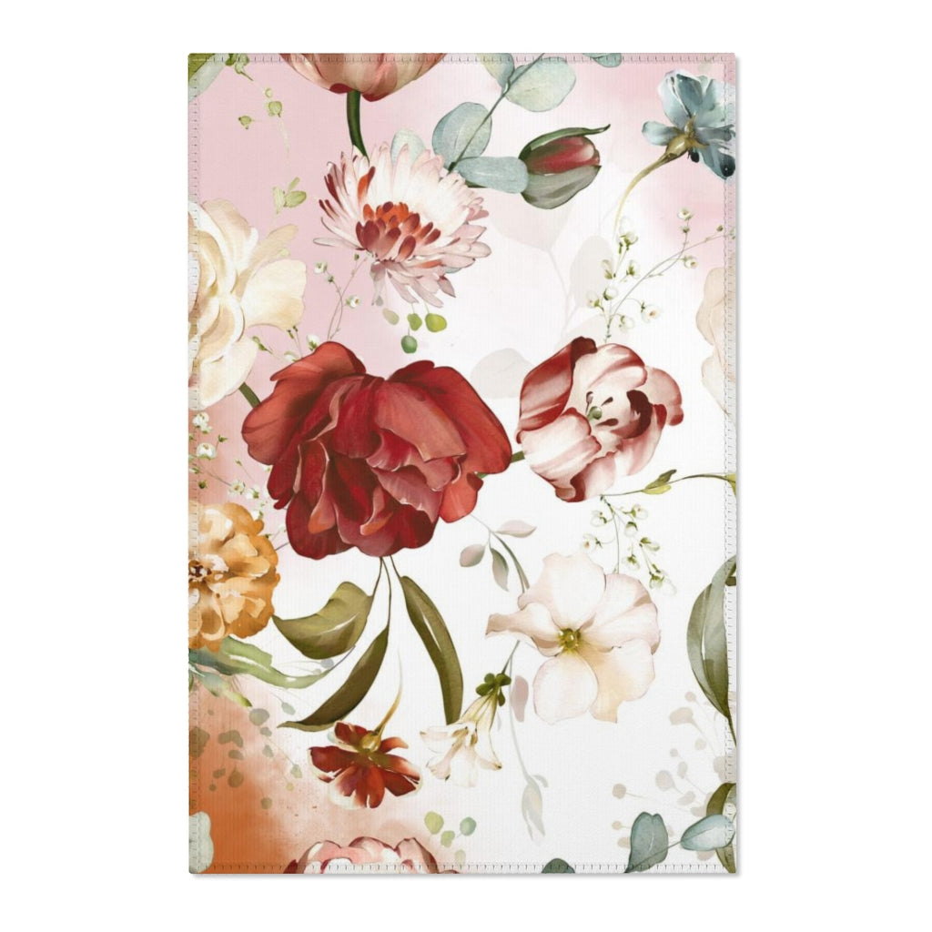 Floral Area Rug | Red Pink Rust Flowers