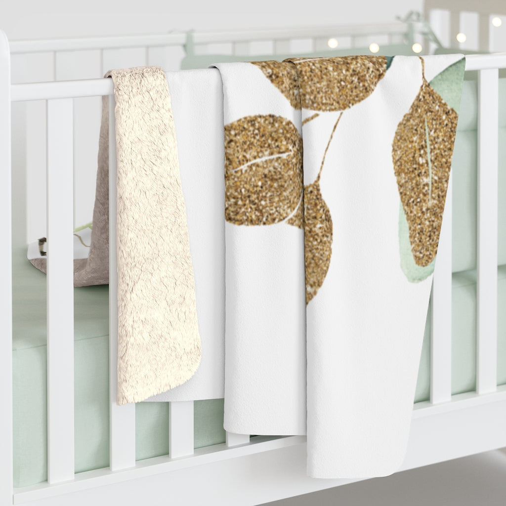 Eucalyptus Leaves, Green Gold White Floral Blanket,