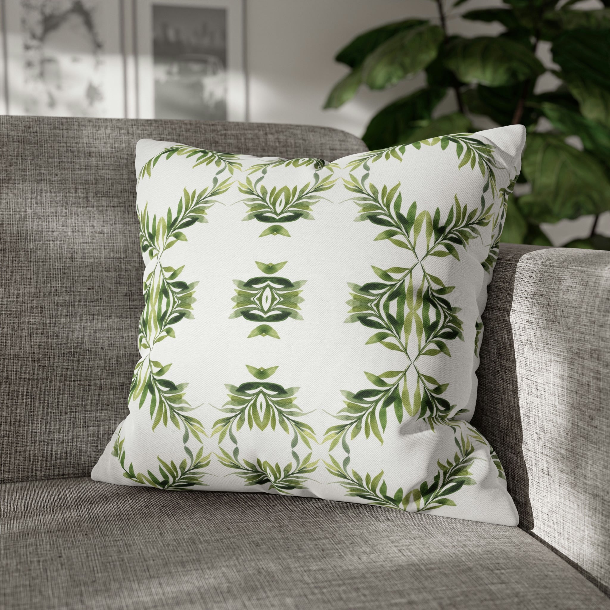 Floral Pillow Cover | Sage Green Leaves, White