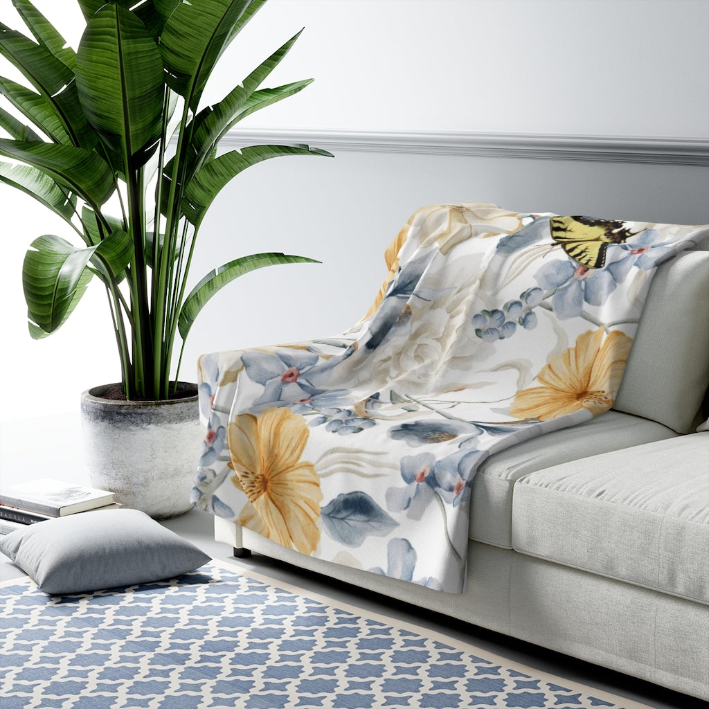Floral Comfy Blanket | Blue White Butterflies