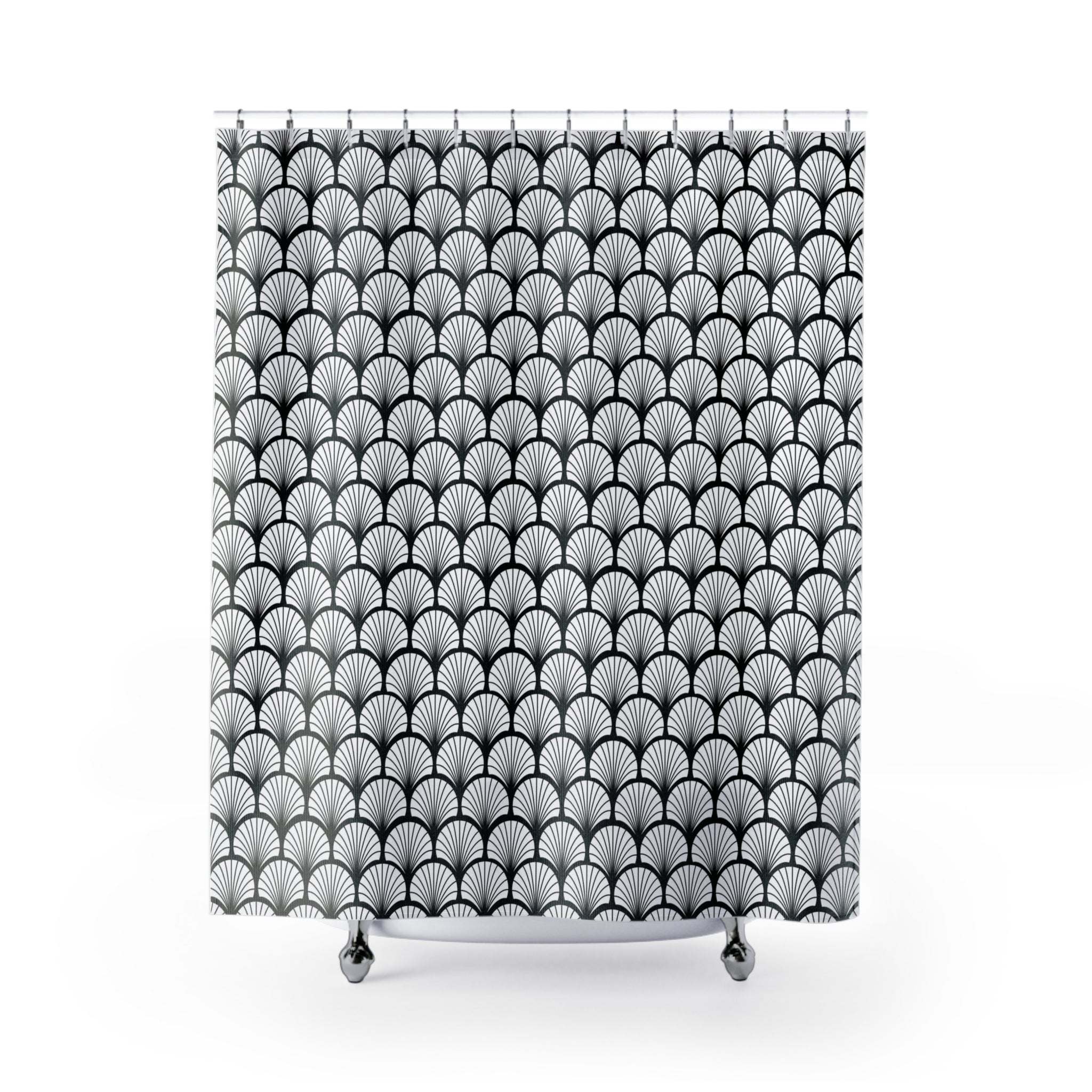 a white shower curtain with a black and white pattern