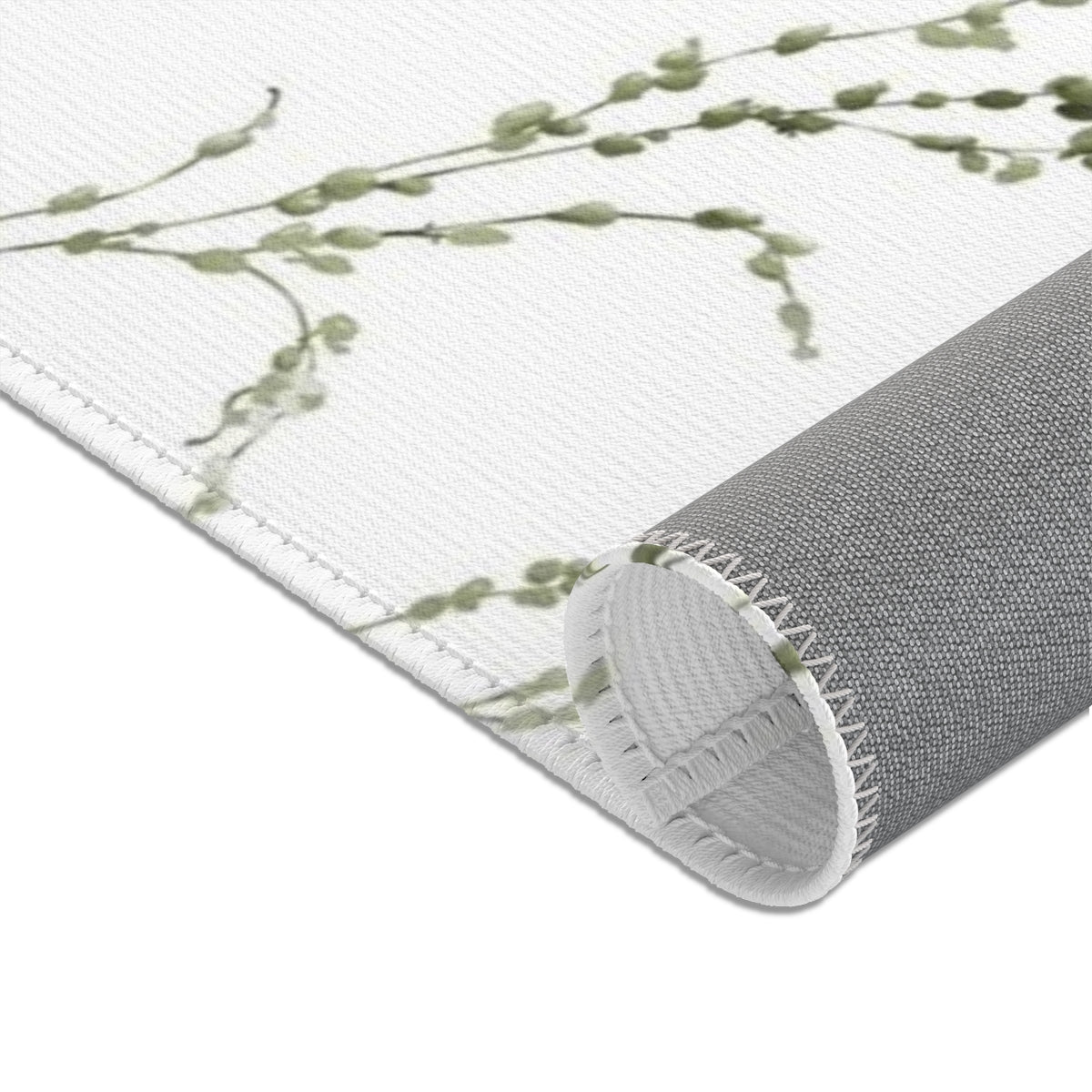 Floral Area Rug | White Delicate Green Leaves