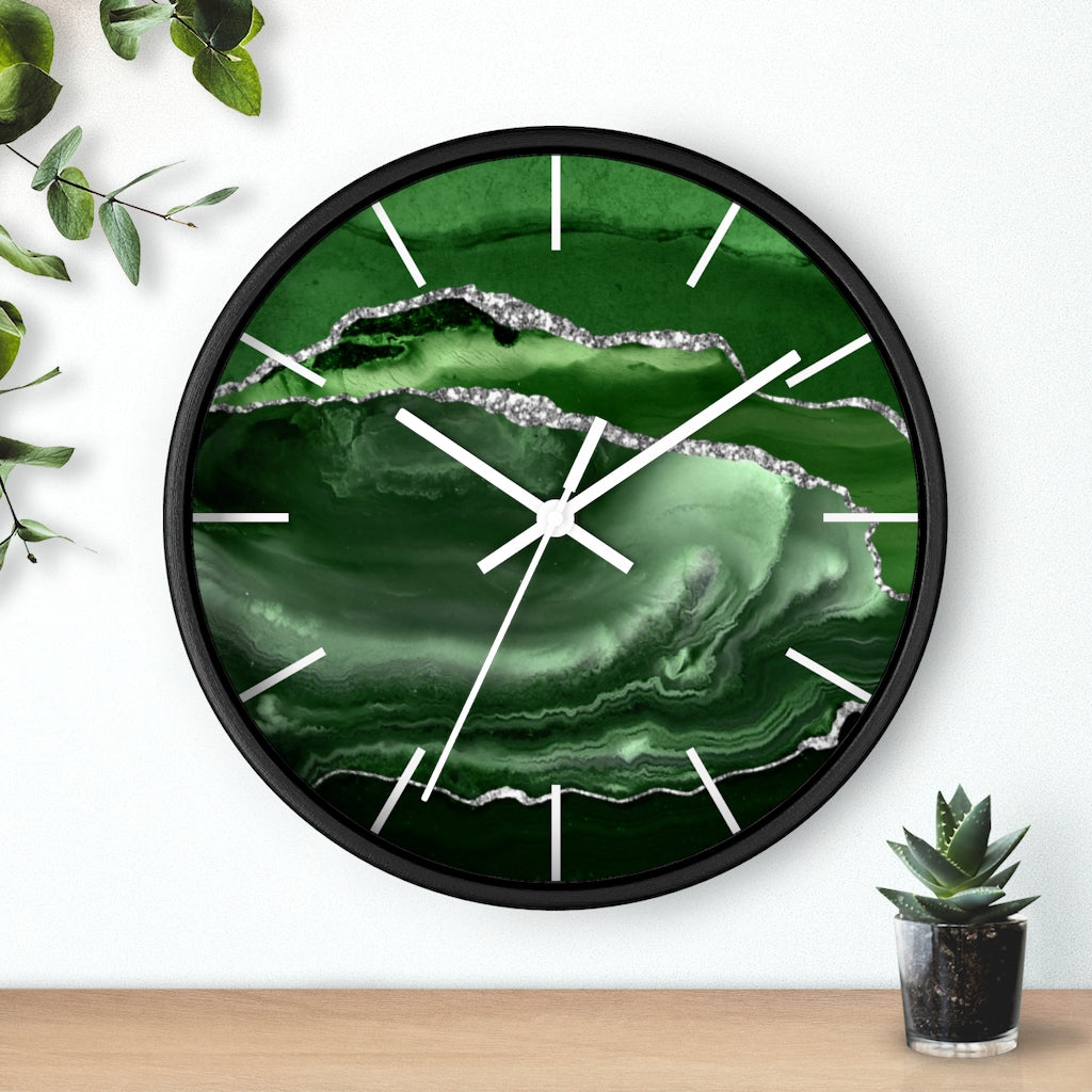 Marble Print, Wood, Wall Clock, Emerald Green 10"