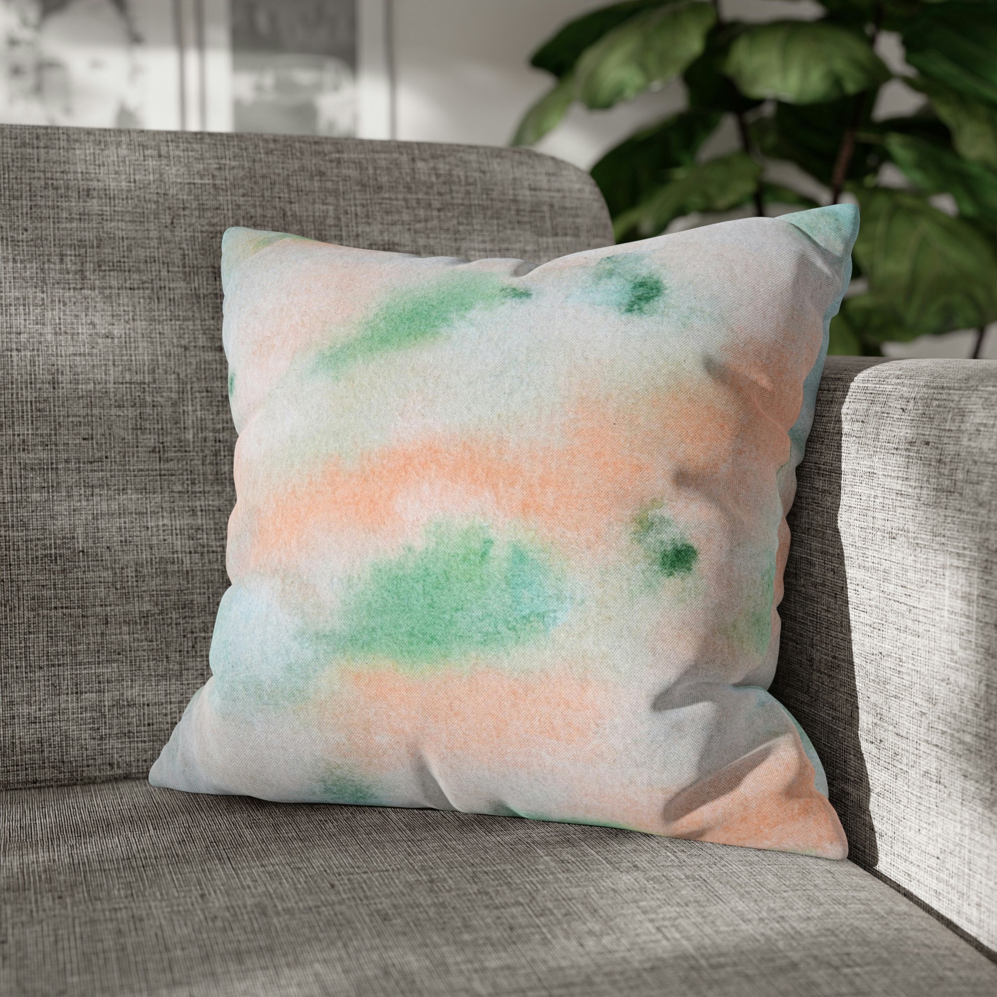 Abstract Boho Pillow Cover | Green Peach Pink Ombre Watercolor