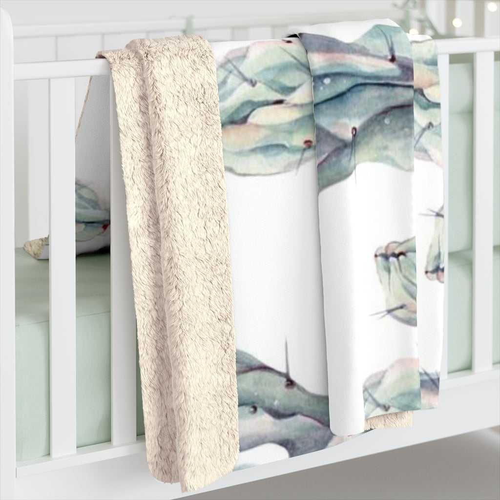 Floral Boho Comfy Blanket | White Green Cactus