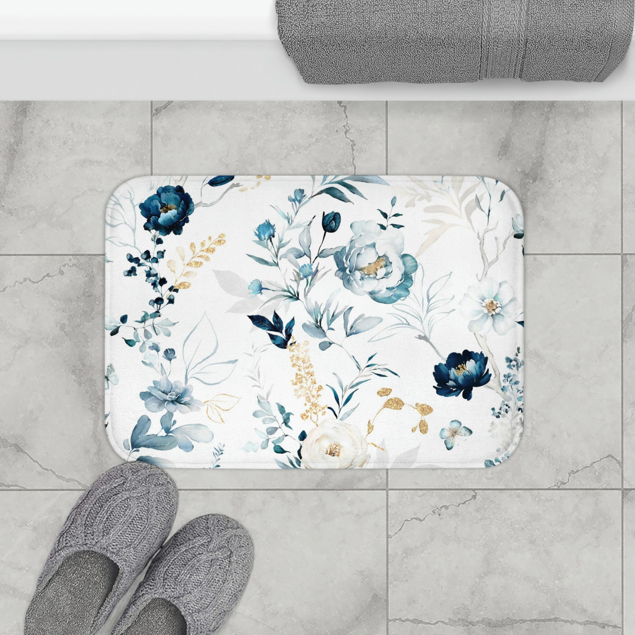Boho Bath, Kitchen Mat | Floral Navy Blue Peonies