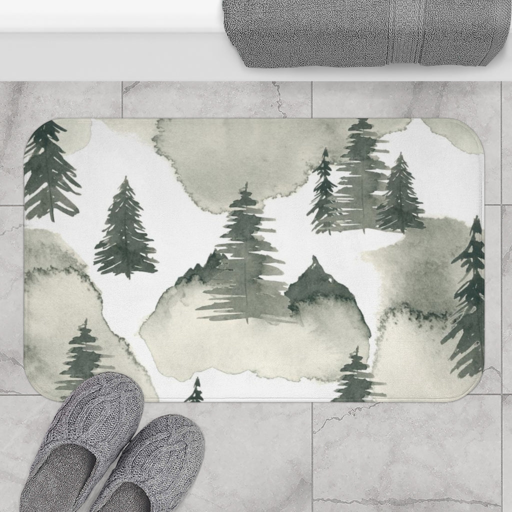 Cute Boho Bath Mat | Floral Sage Green Forest Woodlands Abstract