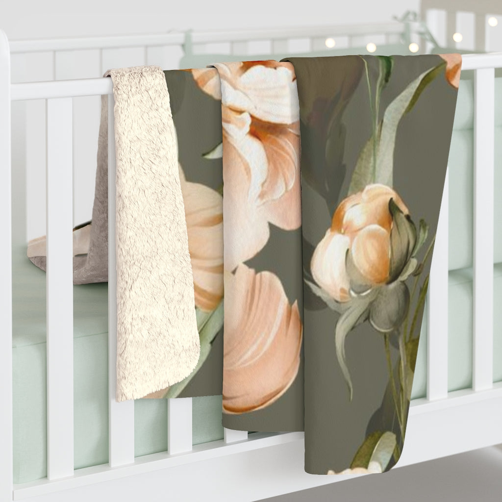 Floral Comfy Blanket | Khaki Green Beige Peonies