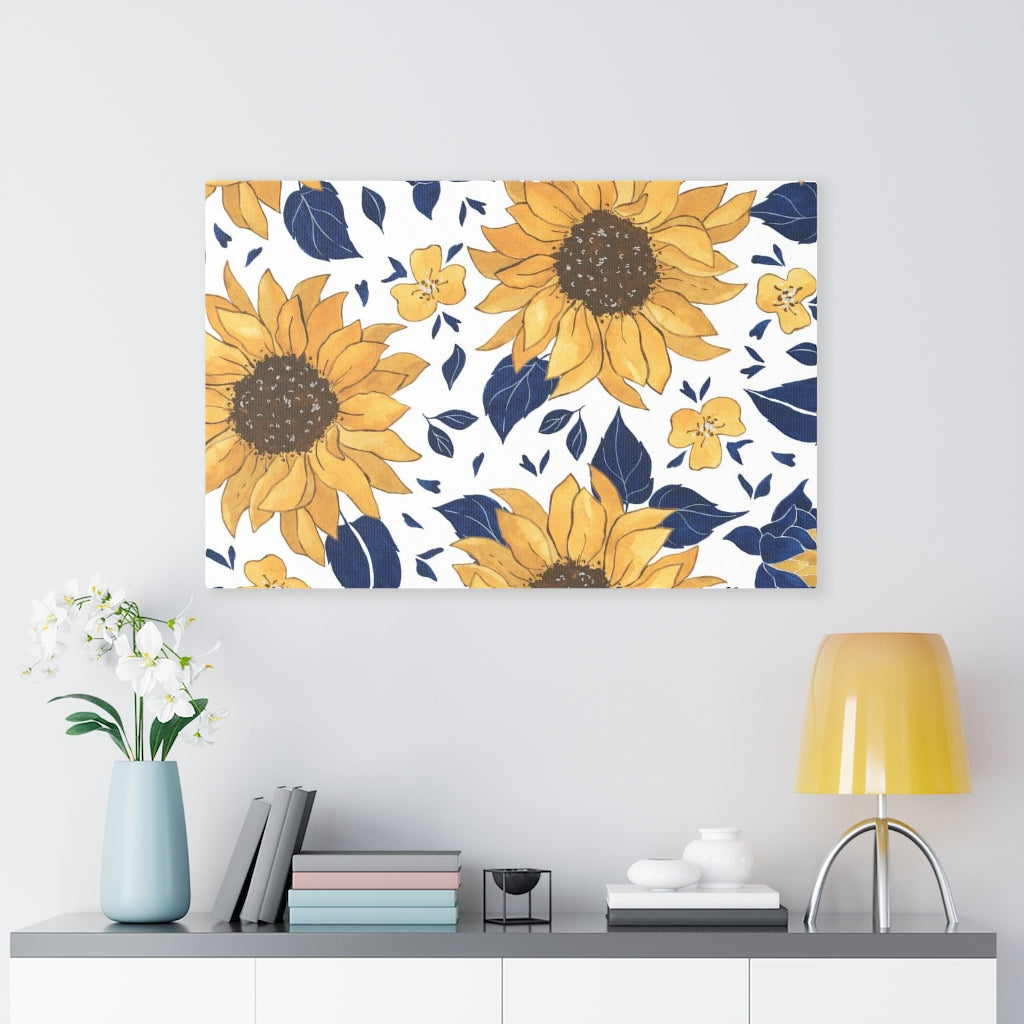 FLORAL WALL CANVAS ART | White Blue Yellow Sunflowers