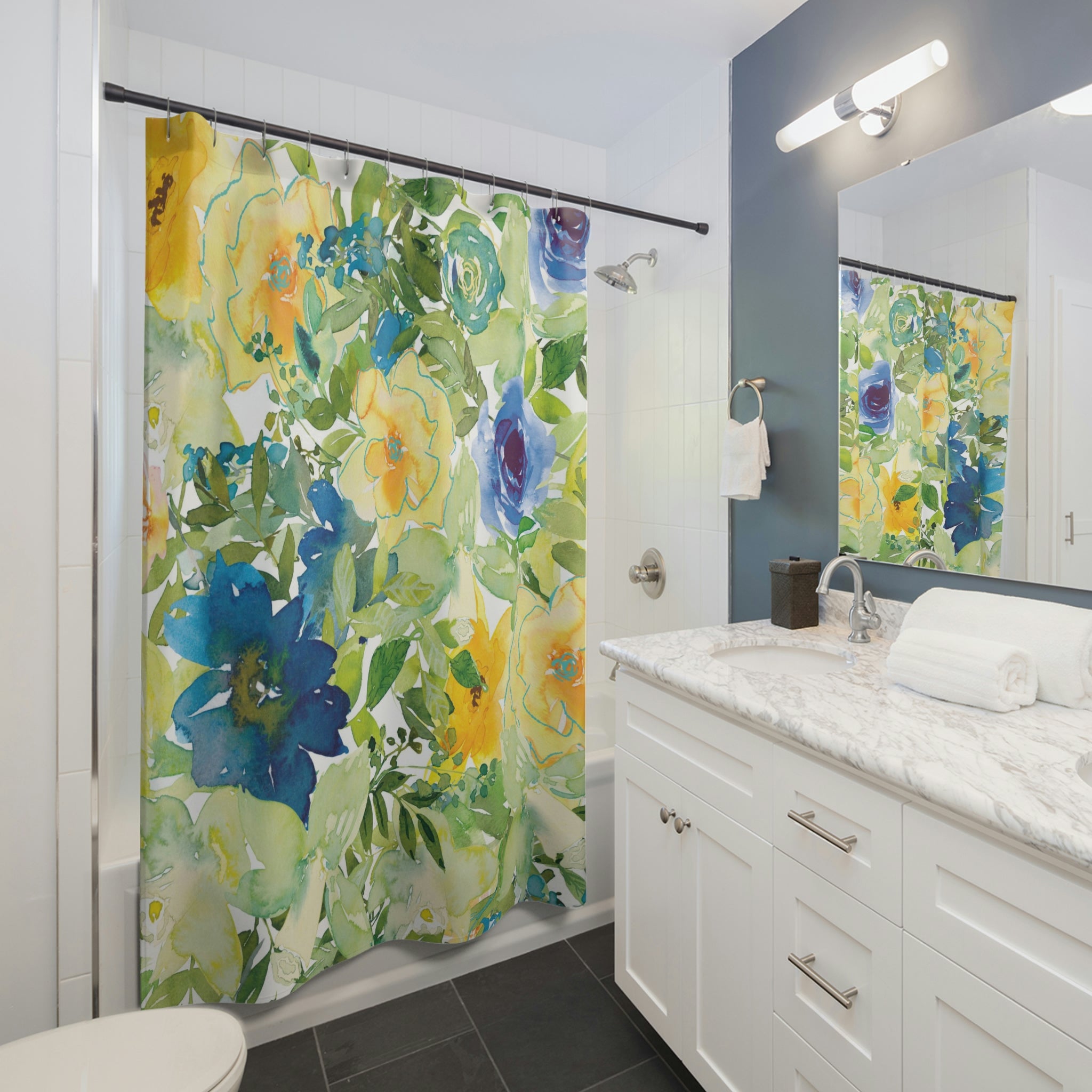 Floral boho shower curtain | Yellow Blue Botanical