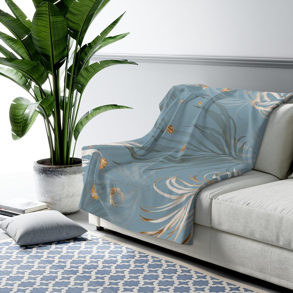 Floral Comfy Blanket | Blue Beige Jungle Palm Leaves