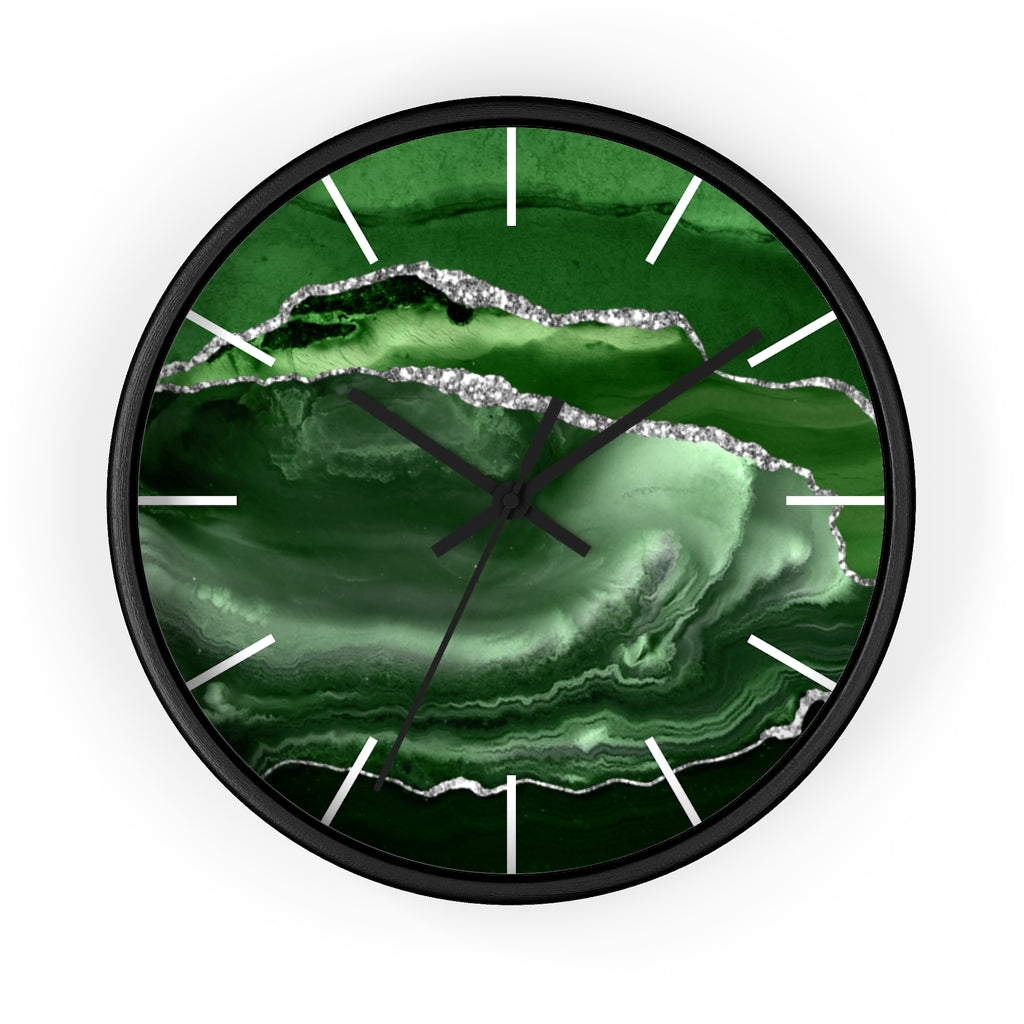 Marble Print, Wood, Wall Clock, Emerald Green 10"