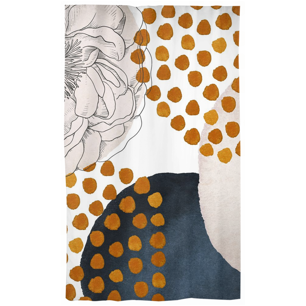 Rust, navy and cream abstract window curtains, close-up of the fabric pattern