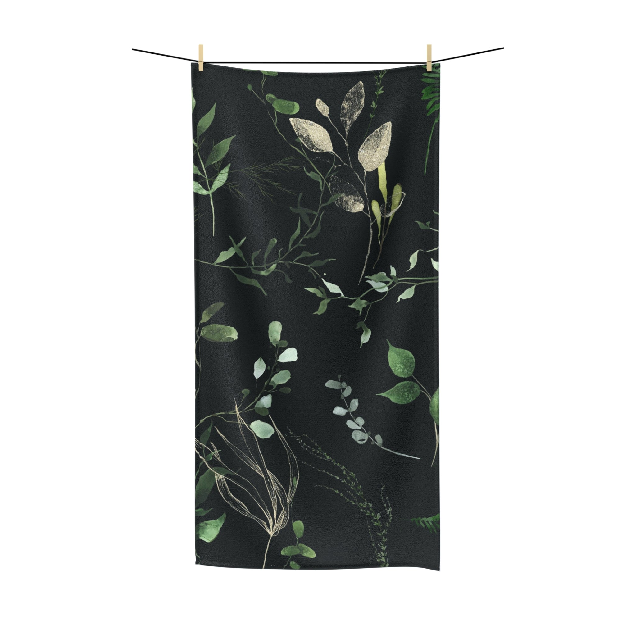 Floral Boho Bath Beach Towel | Jungle Black Sage Green Leaves