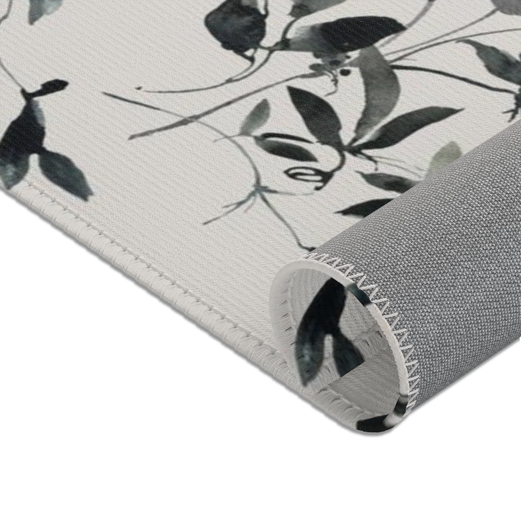 Floral Area Rug | Black Beige Sienna Leaves