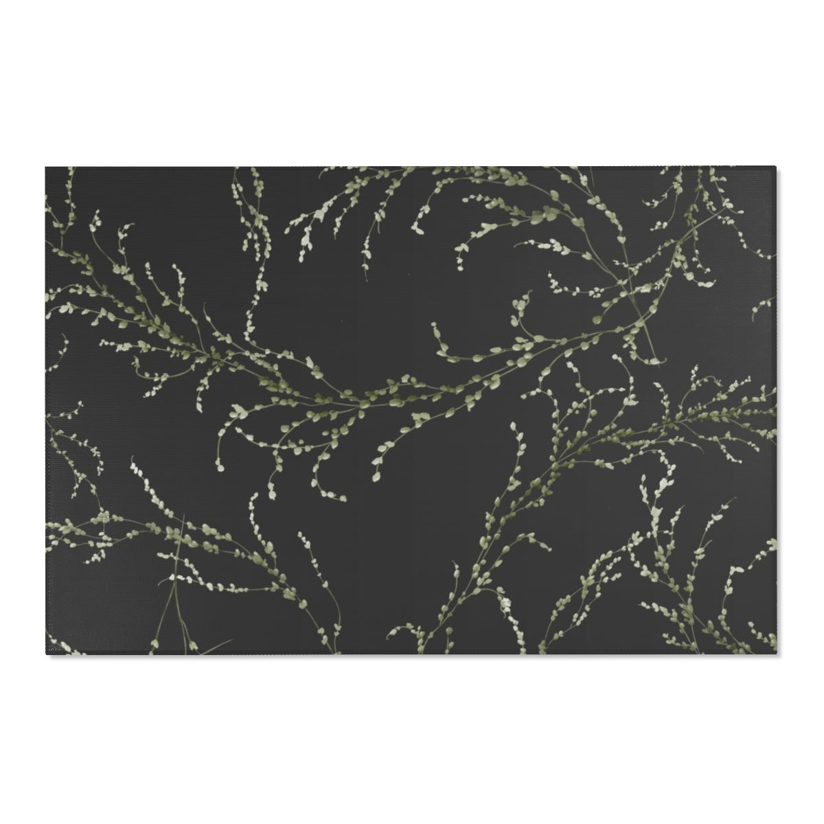 Floral Area Rug | Black Green Delicate Leaves