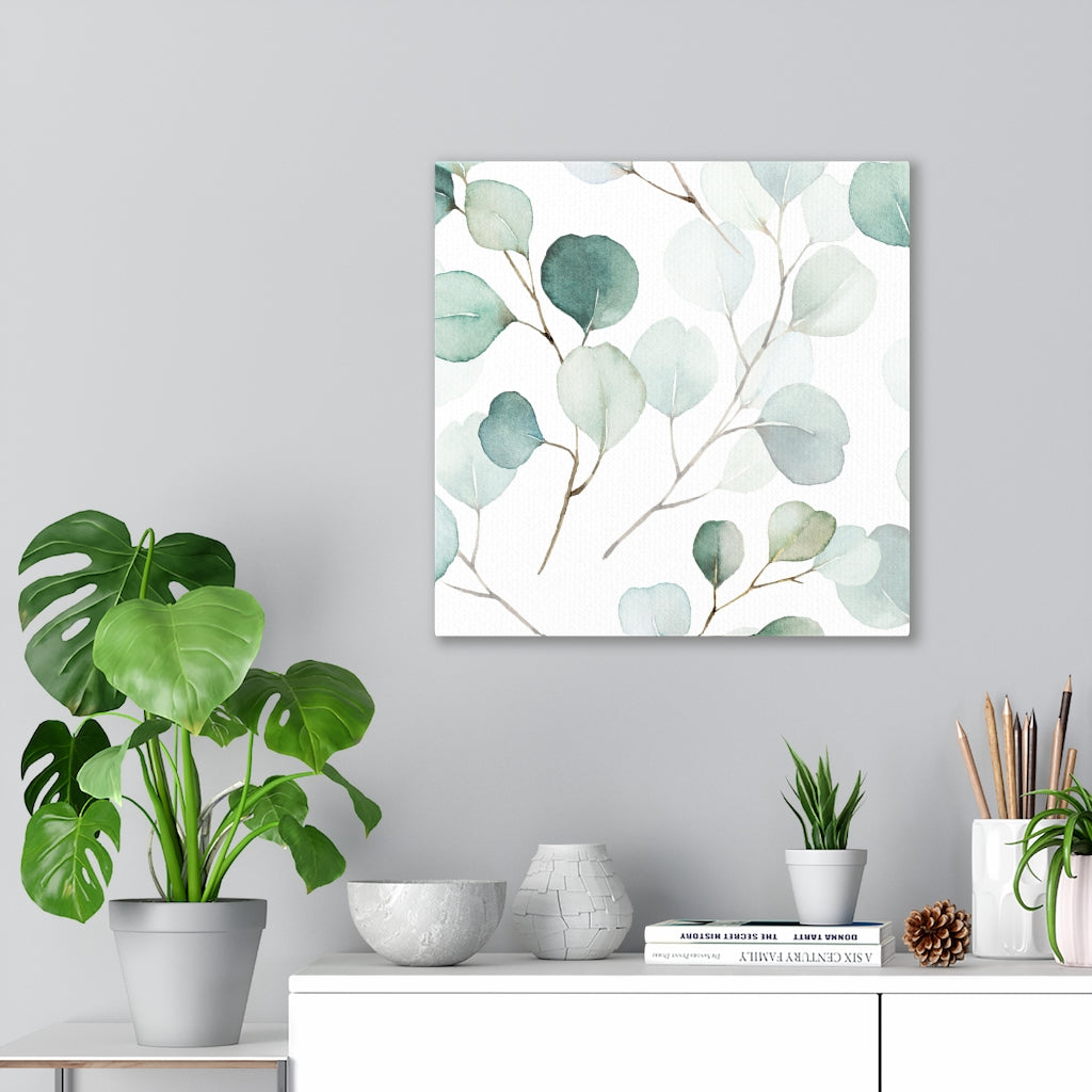 FLORAL WALL CANVAS ART | White Green Eucalyptus Leaves