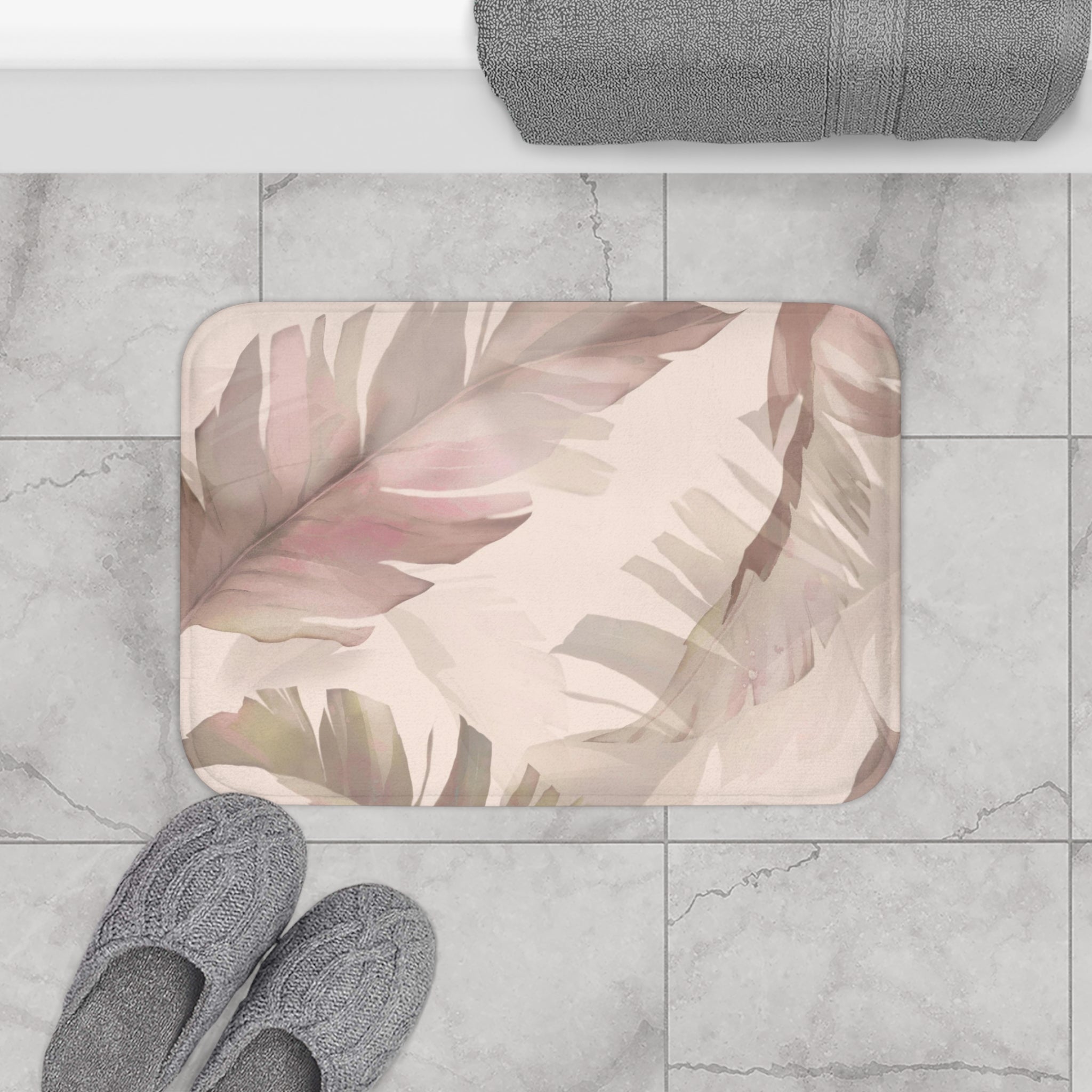 Floral Bath, Kitchen Mats, Rugs | Blush Pink Beige, Jungle Leaves