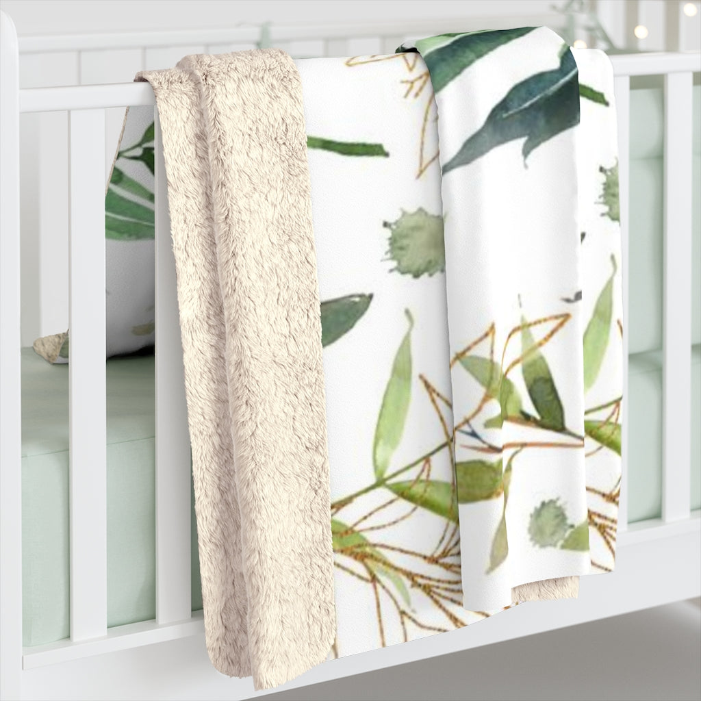 Floral Comfy Blanket | Green White Gold Sage Leaves