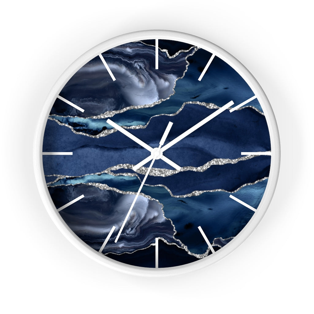 Marble Print, Navy Silver, Wood Wall Clock 10"