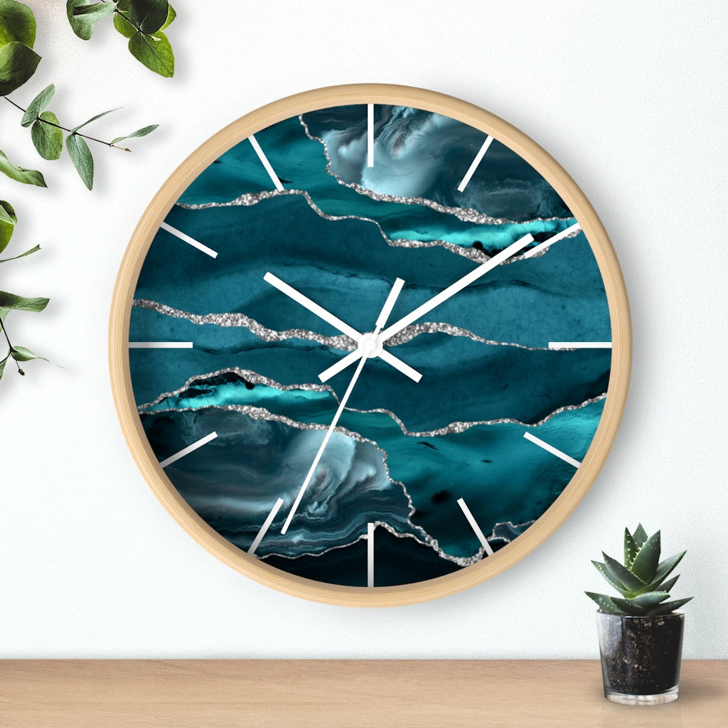 Marble Print, Wood, Wall Clock, Teal Silver 10"