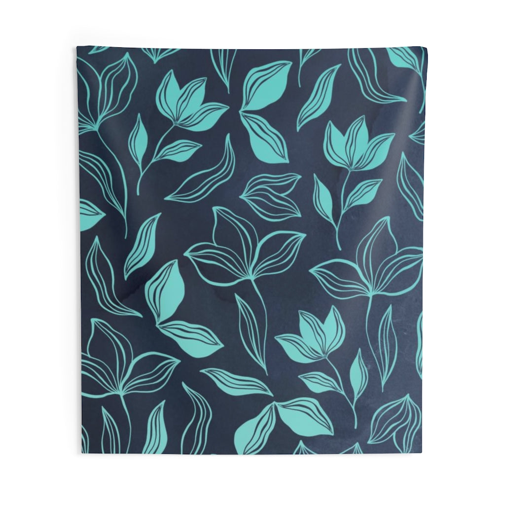 Floral Tapestry | Navy Blue Teal Leaves