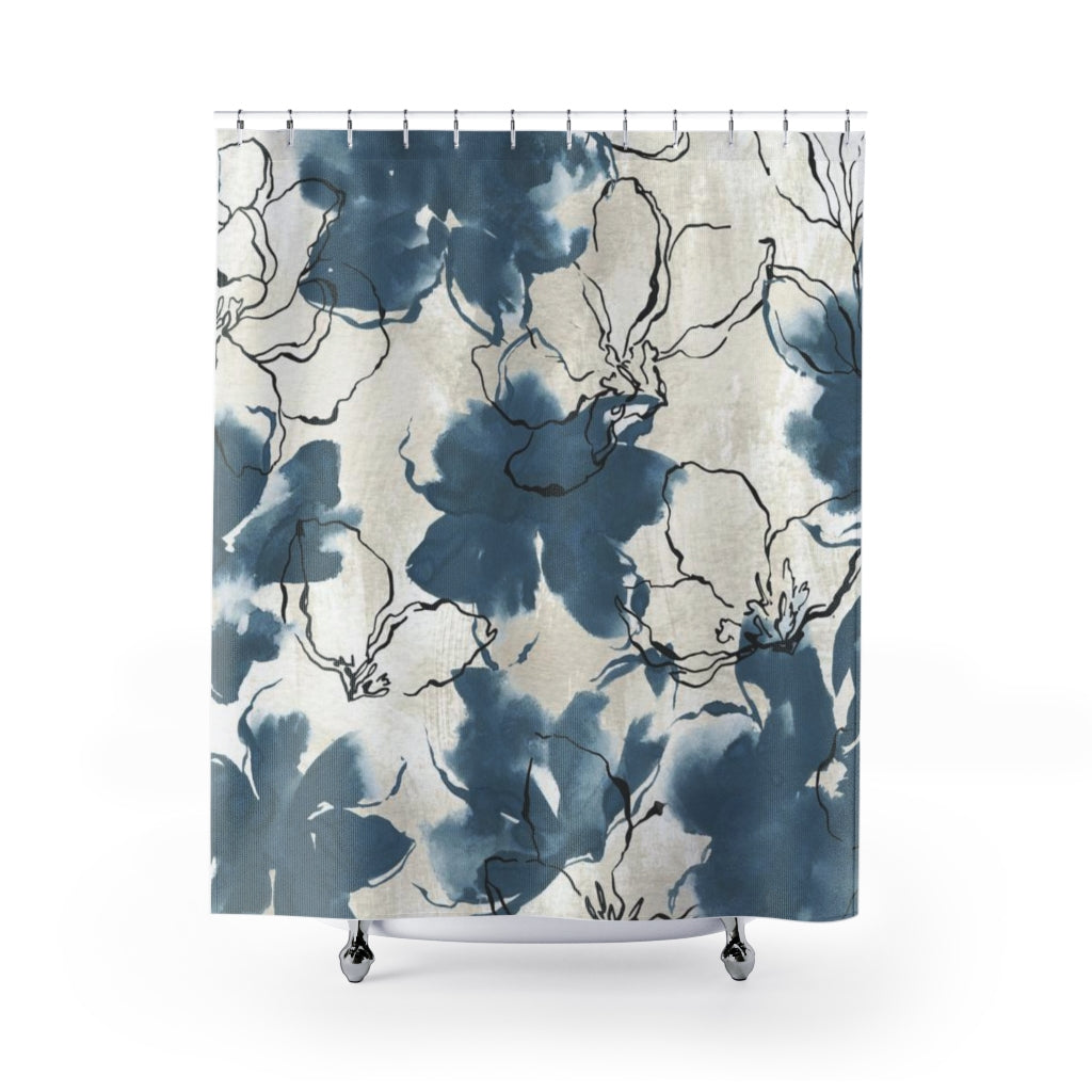 Floral Shower Curtain | Navy Blue White
