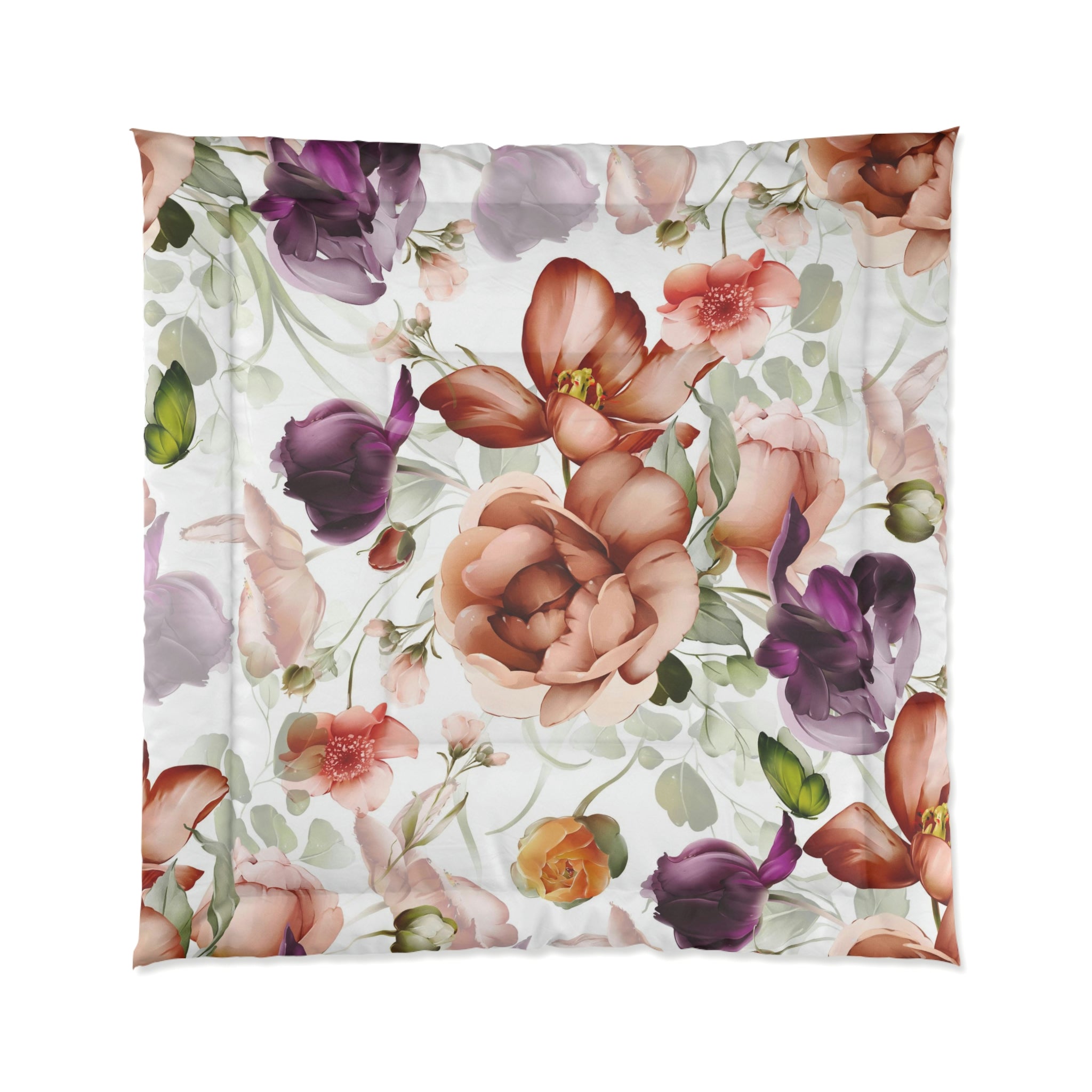 Floral Comforter | White Purple Rust Peonies Garden