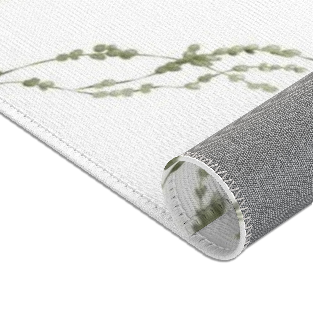 Floral Area Rug | White Delicate Green Leaves