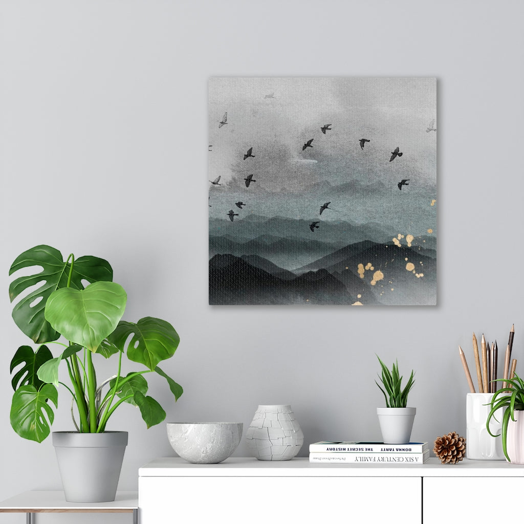 WHIMSICAL WALL CANVAS ART | Grey Blue Ombre Gold Birds