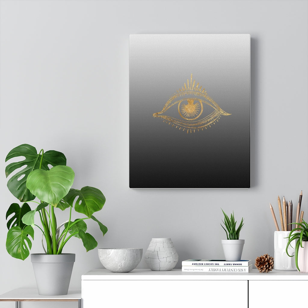 MYSTICAL WALL CANVAS ART | Grey Black Ombre Gold All Seeing Eye