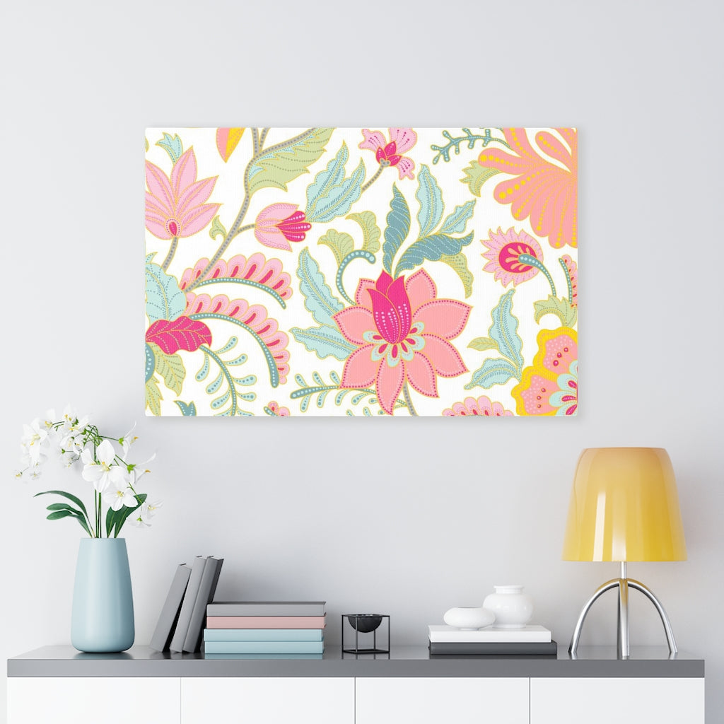 FLORAL WALL CANVAS ART | Teal White Pink Yellow
