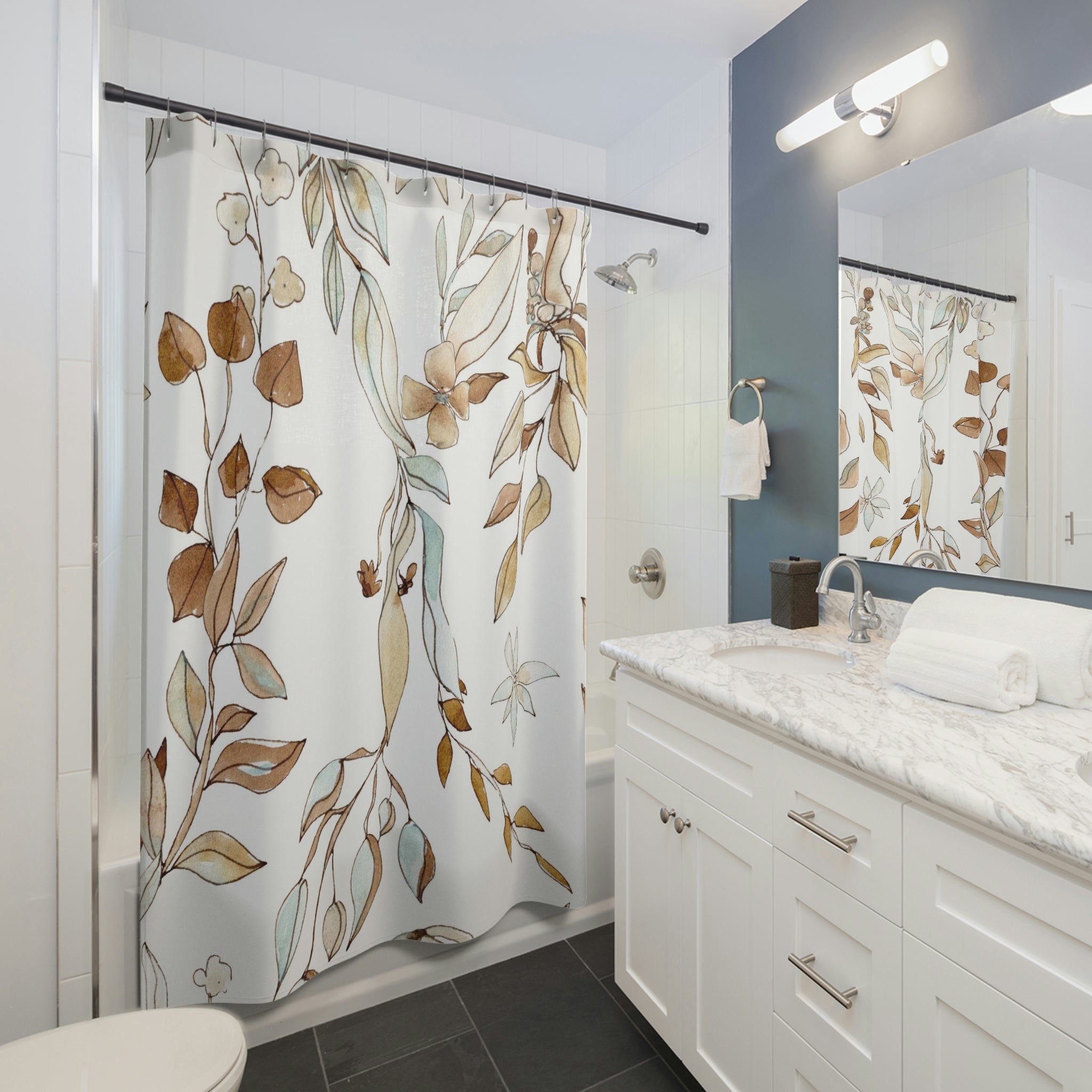 floral boho shower curtain | baby blue, brown leaves