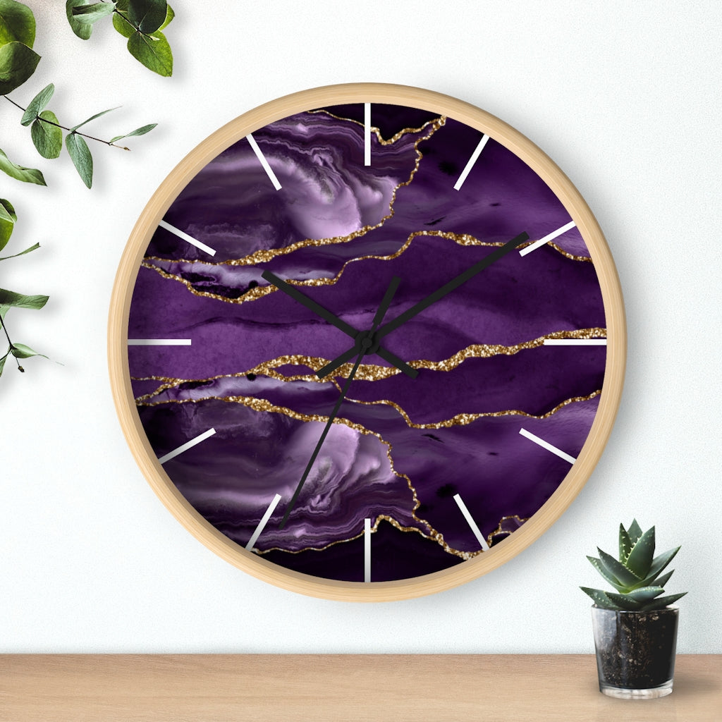Marble Print, Wood, Wall Clock, Purple Gold 10"