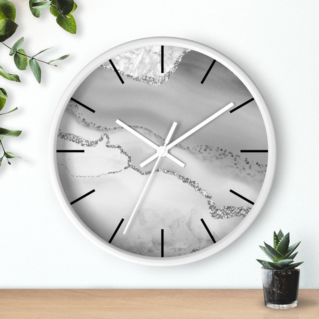 Marble Print, Wood, Wall Clock, Gray Silver 10"