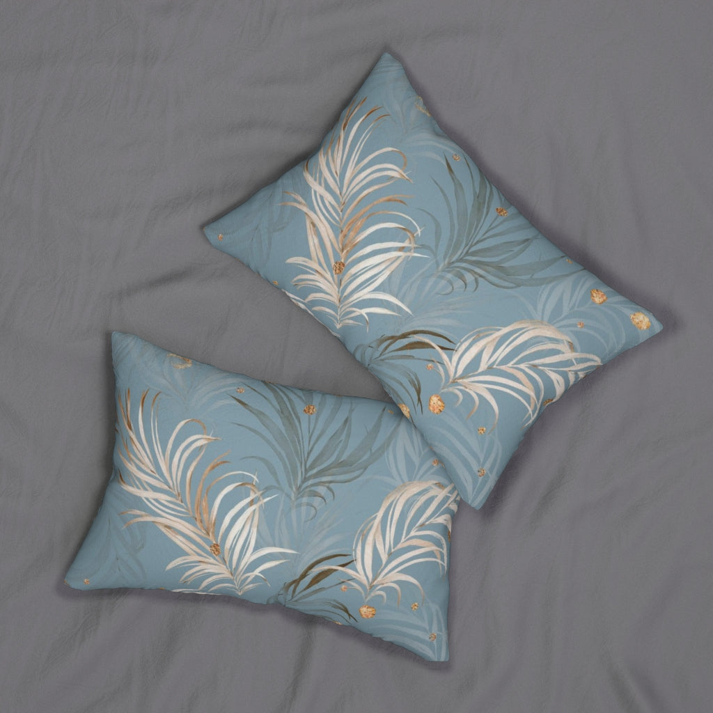Floral Boho Lumbar Pillow | Dusty Blue Cream Tropical Leaves