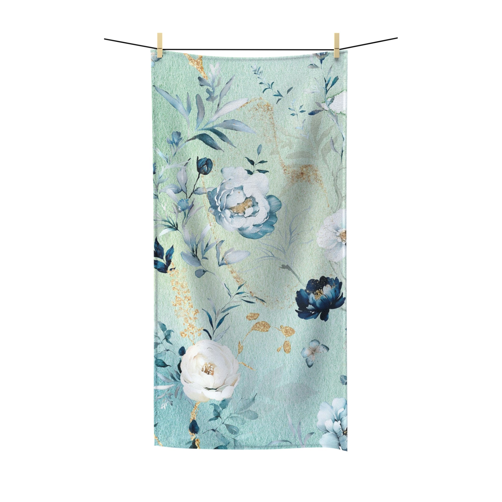 Boho Bath Towel | Mint Teal Green Blue Peonies