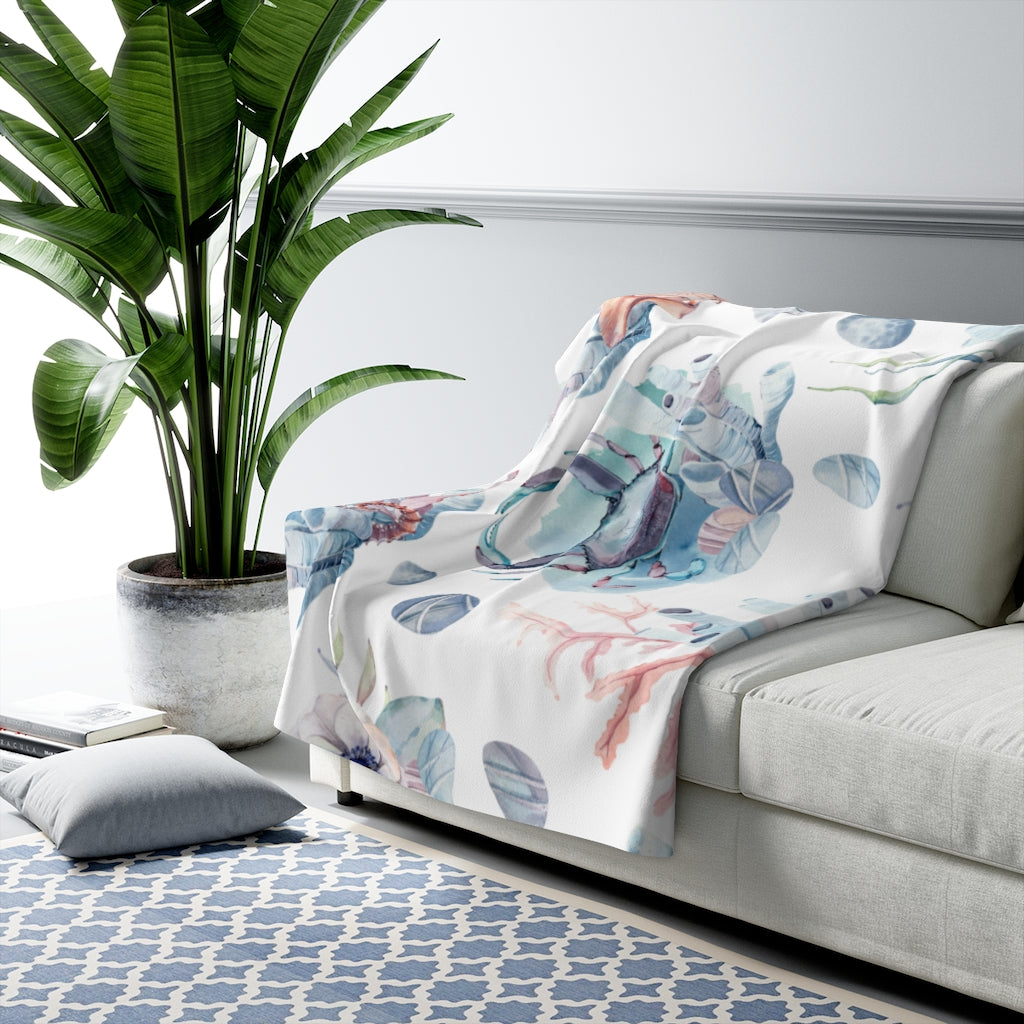 Ocean Scene, Blue Crabs, Sea horse Coral Blanket