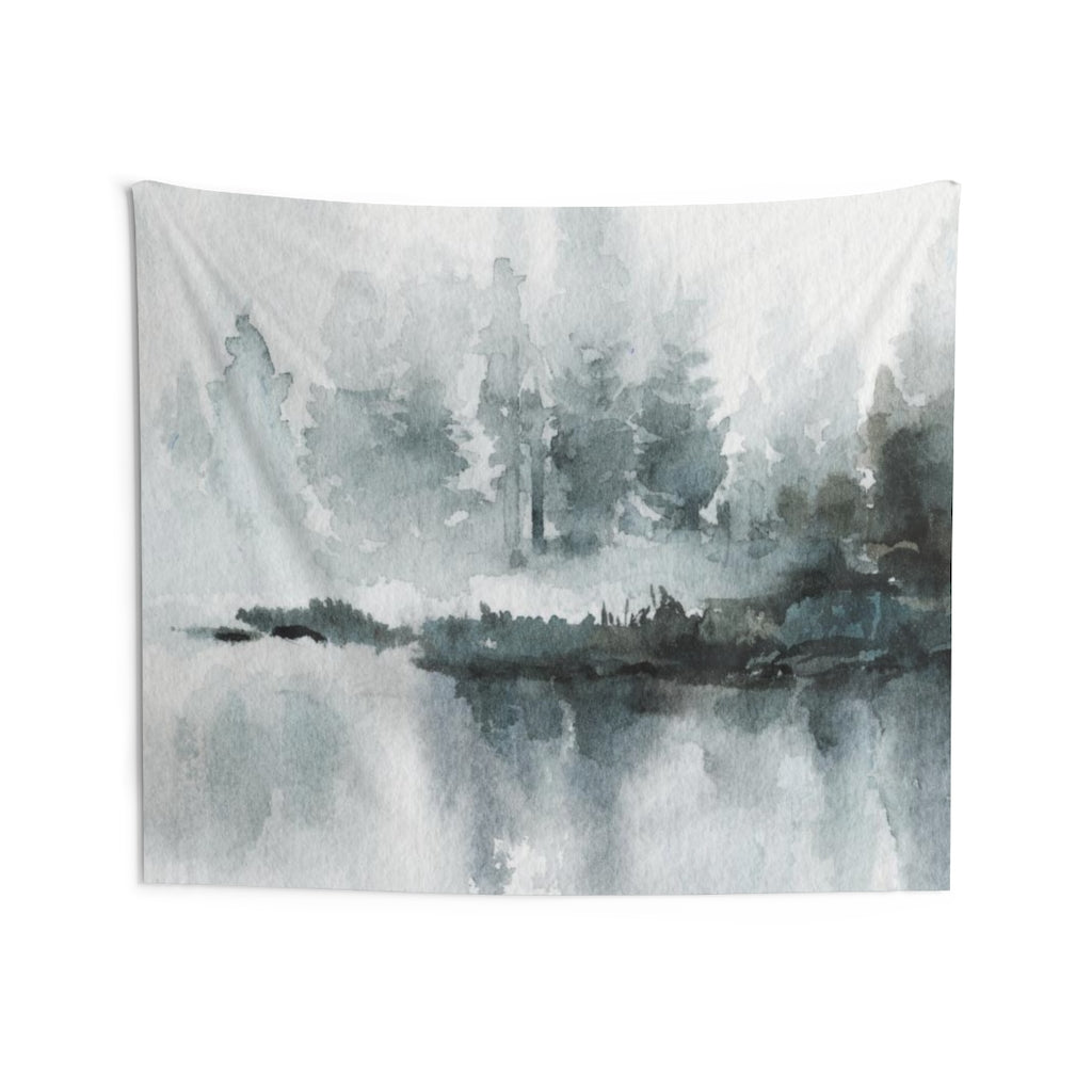 Landscape Tapestry | Grey Green Watercolor Lakeside Forest