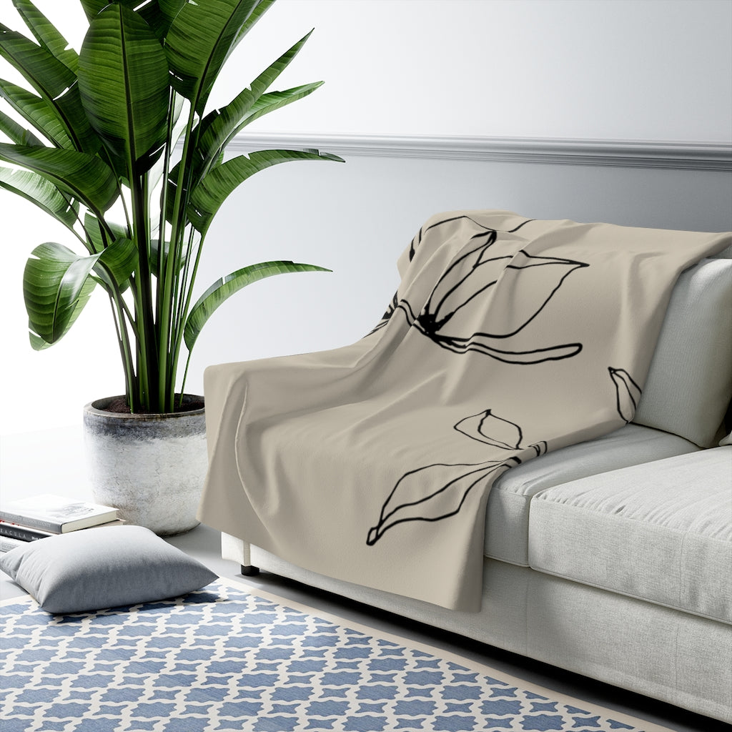 Black Gray Beige, One Line Drawing, Floral Blanket