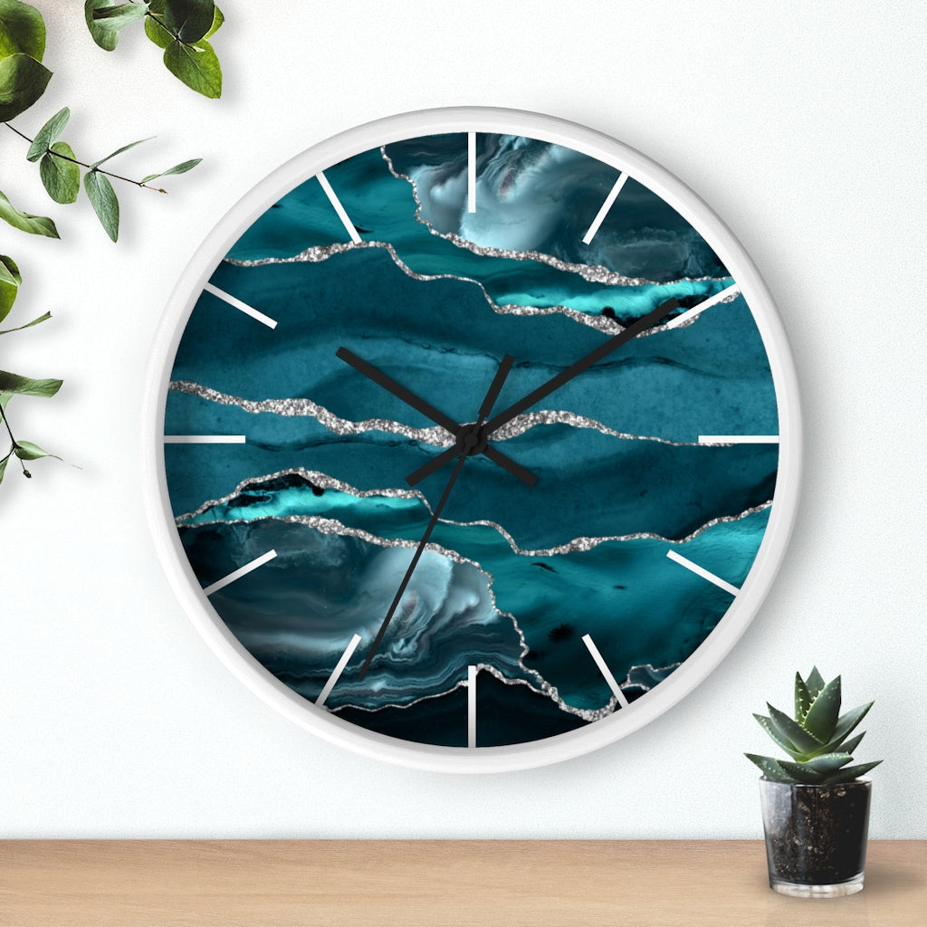 Marble Print, Wood, Wall Clock, Teal Silver 10"