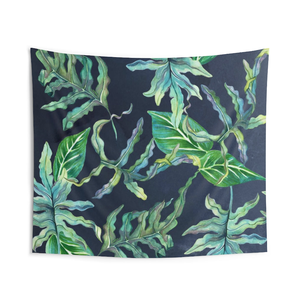 Floral Tapestry | Navy Blue Green Tropical Leaves