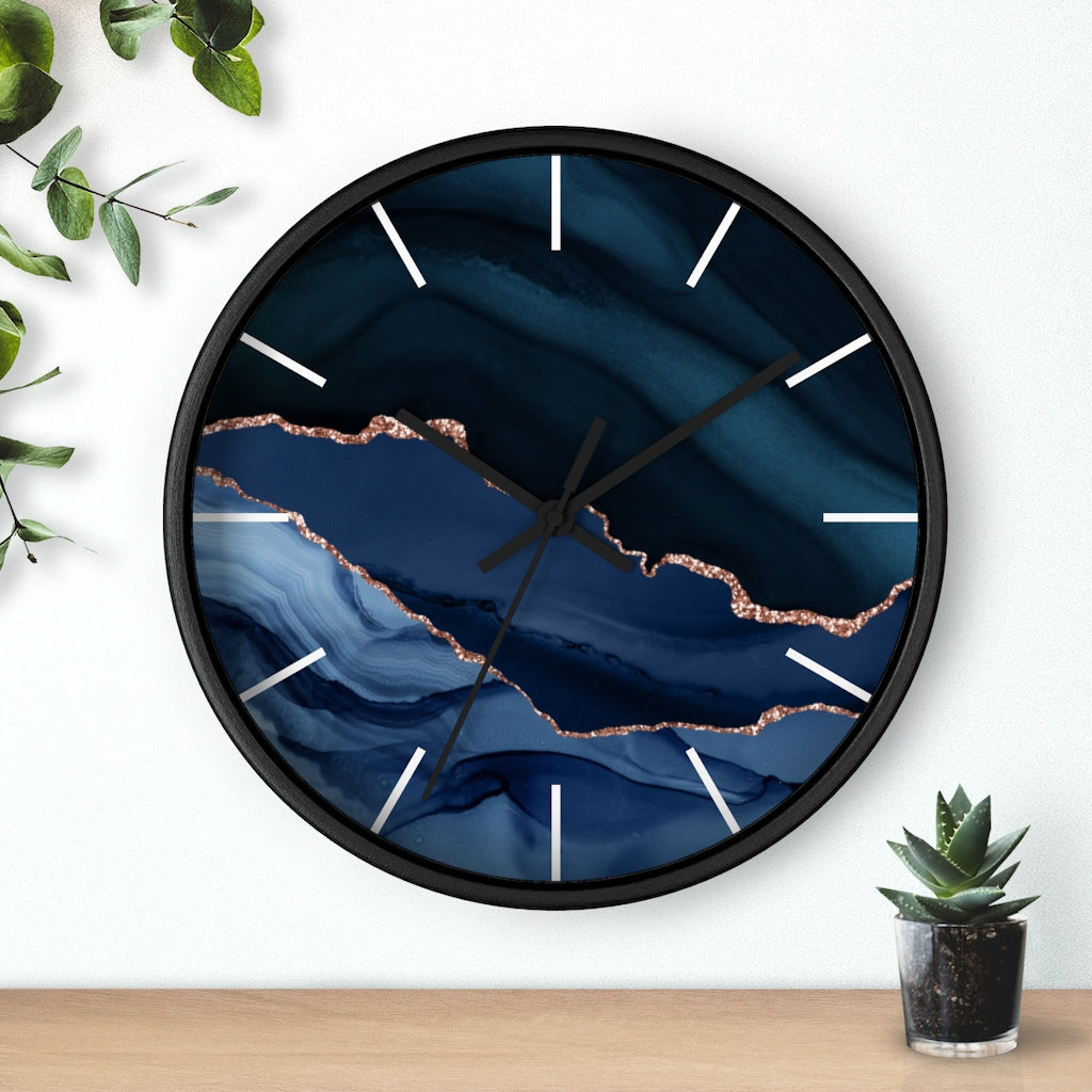 Marble Print, Navy Wood Wall Clock 10"